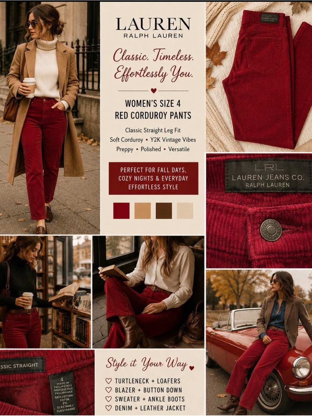 Vintage Lauren Ralph Lauren Corduroy Pants 4 Red Straight Leg Preppy Academia